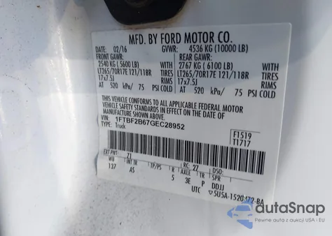 2016 Ford F-250 Xl z USA, uszkodzony, nr VIN 1FTBF2B67GEC28952